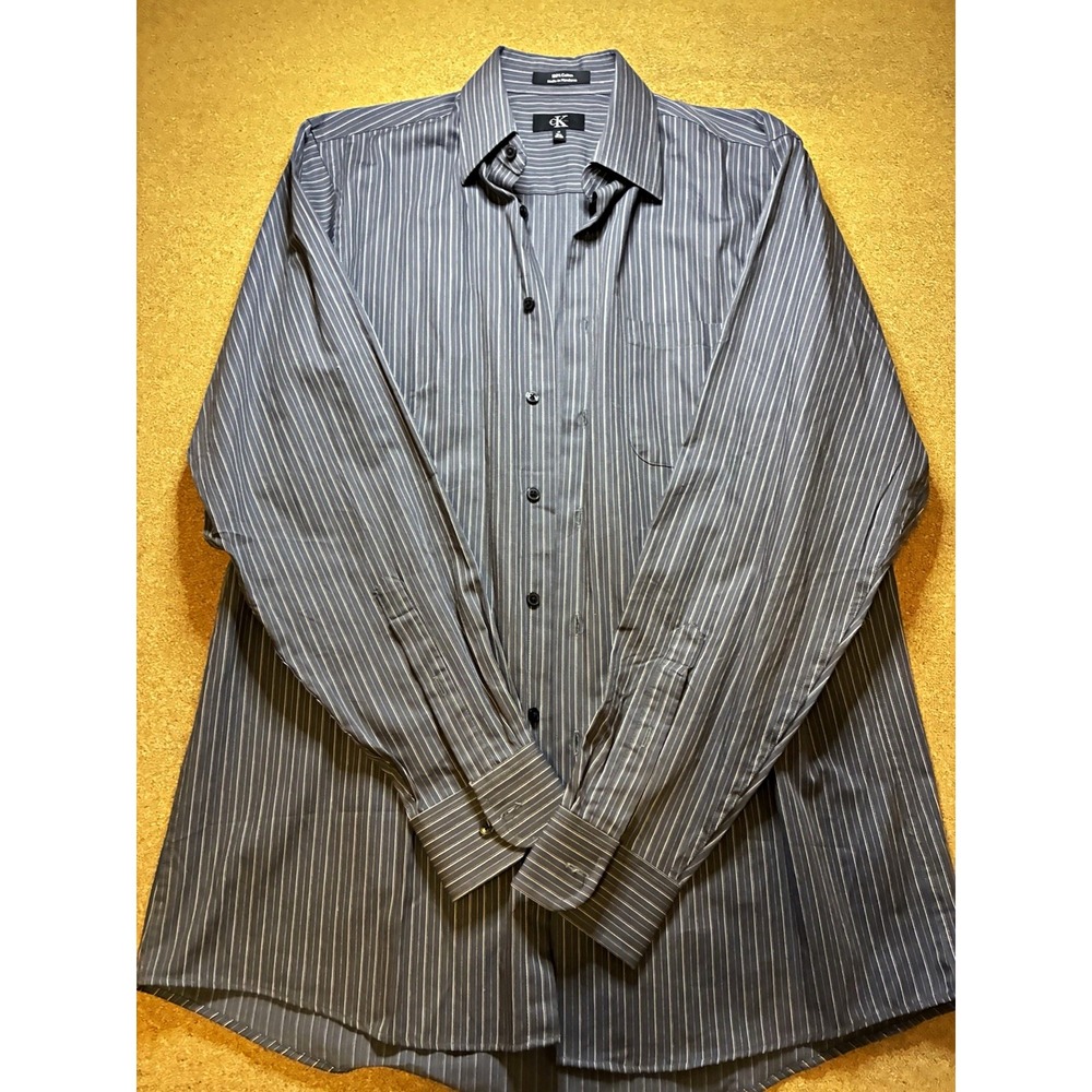 Calvin Klein Mens Regular Fit Gray Striped Cotton Dress Shirt M 15.5 34/35